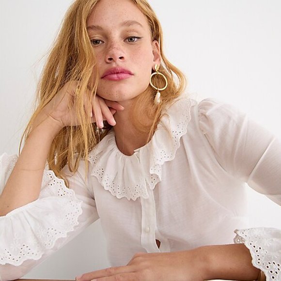 JCREW White Cotton Embroidered Ruffle Collar Top with Eyelet Size 6 - Picture 2 of 9